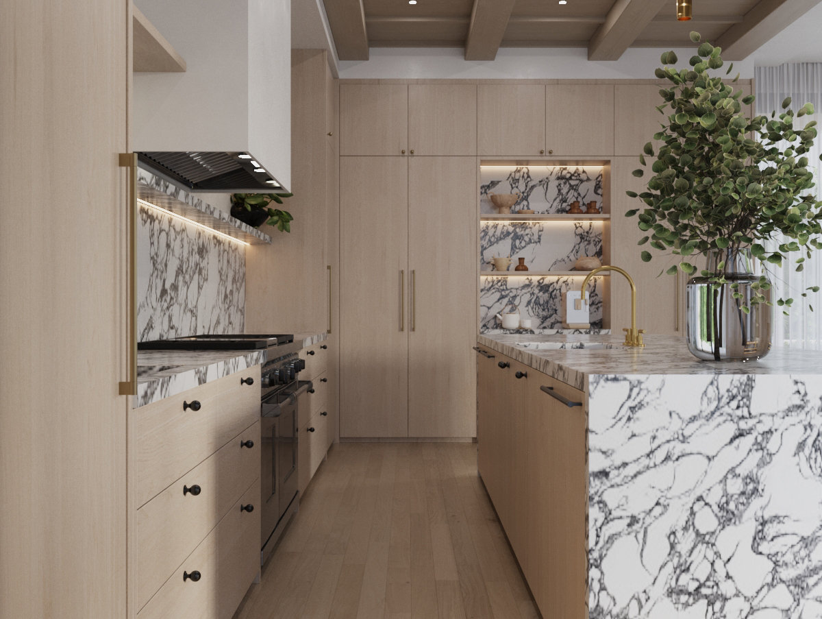 Casa Sera — Kitchen cabinetry and stone detail — rendering